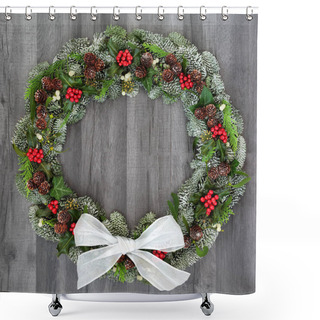 Personality  Traditional Winter And Christmas Natural Wreath With Bow, Holly, Snow Covered Spruce Pine Fir, Mistletoe, Pine Cones, Cedar And Ivy Leaves On Rustic Grey Wood  Background. Shower Curtains