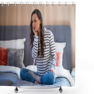 Personality  Woman Is Sitting On Bed In Her Home, She Has Toothache. Shower Curtains