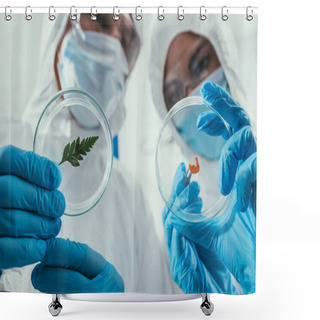 Personality  Low Angle View Of Biochemists Holding Petri Dishes With Green Leaf And Biomaterial Shower Curtains