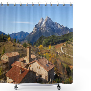 Personality  Gisclareny Village And Iconic Pedraforca Mountain On The Background Shower Curtains