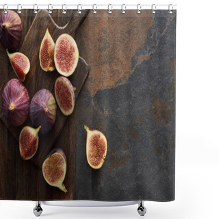 Personality  Top View Of Ripe Whole And Cut Delicious Figs And Wooden Brown Cutting Boards On Stone Background Shower Curtains