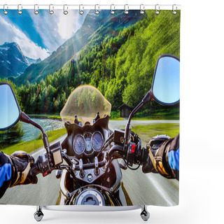 Personality  Biker First-person View.Biker Driving A Motorcycle Rides Along The Asphalt Road Shower Curtains