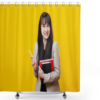 Personality  Smiling Young Business Woman In A Gray Jacket Holding Pen Over Yellow Shower Curtains