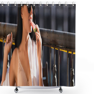 Personality  Woman In Beige Underwear And White Shirt Eating Watermelon On Balcony, Horizontal Banner Shower Curtains