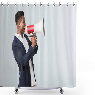 Personality  Handsome African American Man Wearing A Jacket Holding A Megapho Shower Curtains