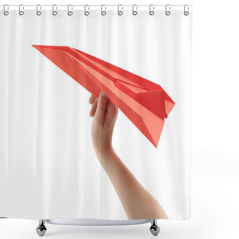 Personality  Child's hand launching paper airplane shower curtains