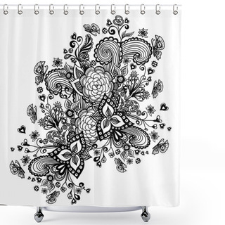 Personality  Zen-doodle Background  With Flowers Butterflies Hearts Black On White Shower Curtains