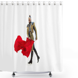 Personality  Torero In Blue And Gold Suit Or Typical Spanish Bullfighter Isolated Over White Shower Curtains
