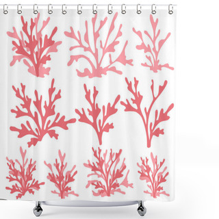 Personality  Set Of Red Coral Seaweeds Silhouettes Flat Vector Illustration Isolated On White Background. Shower Curtains