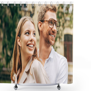 Personality  Close-up Portrait Of Smiling Young Couple In Stylish Clothes Looking Away Shower Curtains