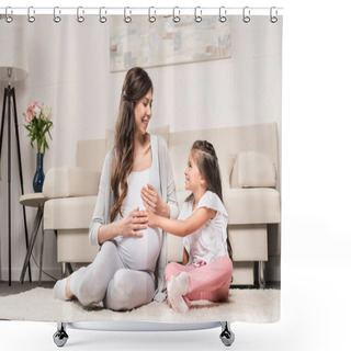 Personality  Pregnant Woman With Daughter Touching Belly Shower Curtains