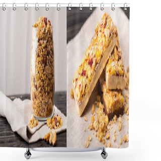 Personality  Collage Of Delicious Granola In Glass Gar On Napkin Isolated On Grey And Muesli Bars, Banner Shower Curtains