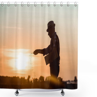 Personality  Profile Of Senior Farmer In Straw Hat Sowing Seeds During Sunset  Shower Curtains