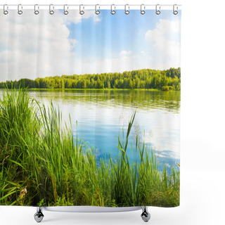 Personality  Green Bank Of A Lake Shower Curtains