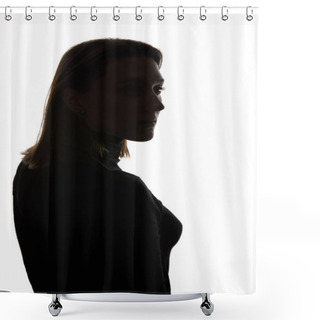 Personality  Silhouette Of Pensive Woman Looking Away Isolated On White Shower Curtains