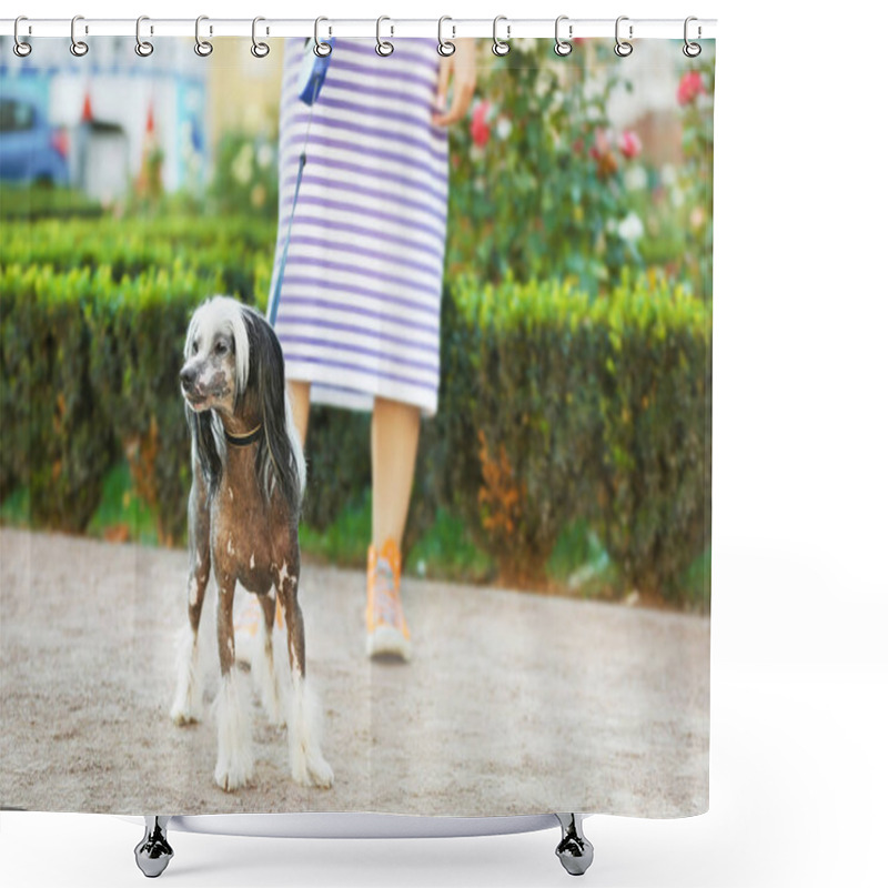 Personality  Woman Walking Her Dog  Shower Curtains