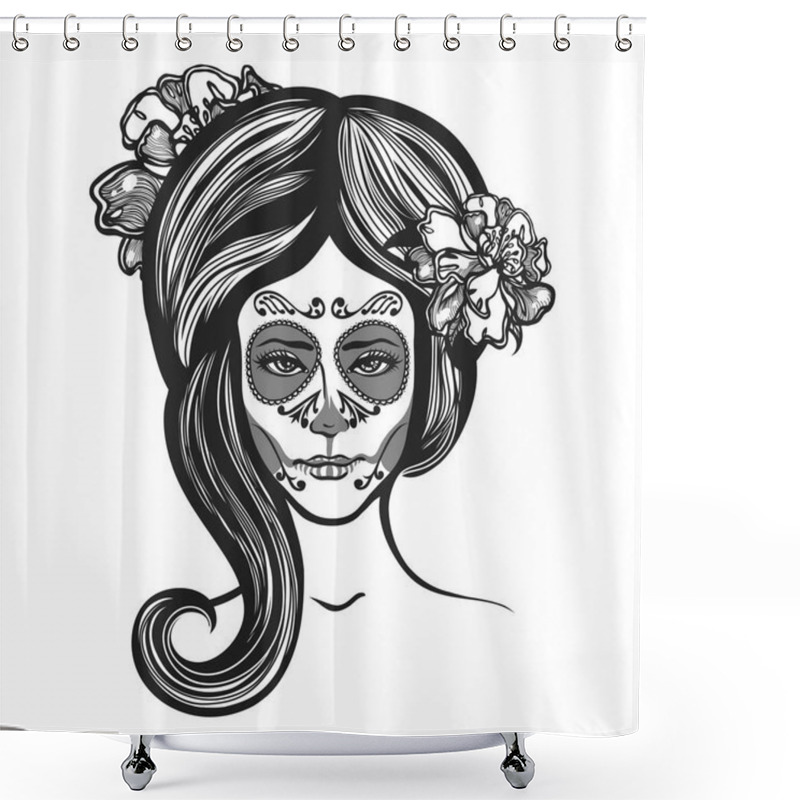 Personality  Catrina. Girl With Marigolds Flowers In Her Hair And Make-up To The Mexican Holiday Day Of The Dead. Dia De Los Muertos Card. Invitation Poster. Halloween.  Shower Curtains