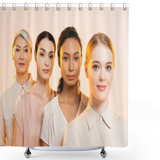 Personality  Selective Focus Of Happy Multicultural Women Looking At Camera Isolated On Beige  Shower Curtains