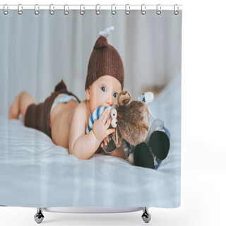 Personality  Infant Child In Knitted Deer Costume Playing With Toy Moose In Bed Shower Curtains