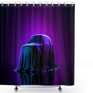Personality  Presentation Of Car Covered With Cloth On Dark Illuminated By Violet Neon Light Background. 3d Rendering Shower Curtains