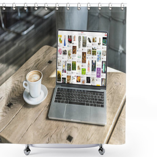 Personality  Cup Of Coffee And Laptop With Pinterest Website On Screen On Rustic Wooden Table At Cafe Shower Curtains