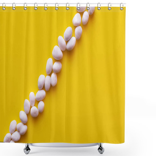 Personality  Top View Of Row With Peeled Pine Nuts On Yellow Background Shower Curtains