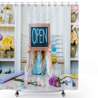 Personality  Beautiful Female Flower Shop Owner Holding Chalkboard With 'open' Lettering In Front Of Face Shower Curtains