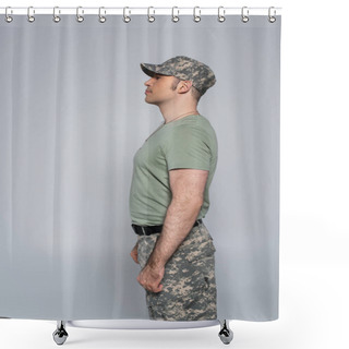 Personality  Side View Of Soldier In T-shirt And Military Cap Standing During Memorial Day Isolated On Grey  Shower Curtains