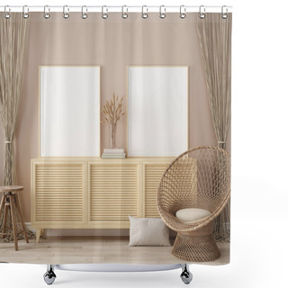 Personality  Mock Up Frame In Home Interior Background, Warm Beige Room With Natural Wooden Furniture, Scandinavian Style, 3d Render Shower Curtains