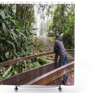 Personality  Man Standing On A Bridge Admiring The Ruins Of An Ancient Civilization That Thrived For Over Two Thousand Years In The Mountains Of Costa Rica. Shower Curtains