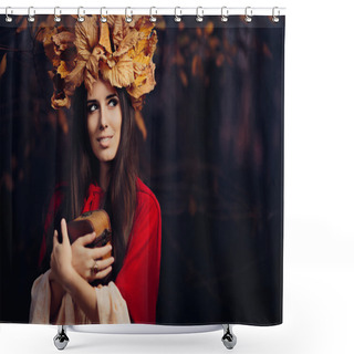 Personality  Woman With Autumn Leaves Crown With Treasure Box Shower Curtains