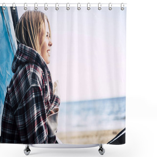 Personality  Beautiful Young Blonde Woman Outside Hug Herself Enjoying Freedom And Vacation Leisure Time In The Summer. Camping Free For Alternative Vacation On The Beach Near The Waves Of The Ocean Shower Curtains