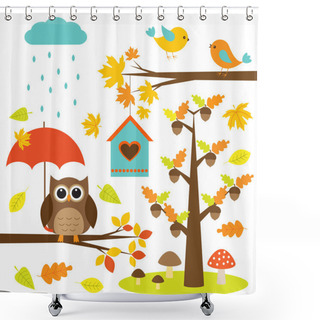 Personality  Birds,trees And Owl. Autumnal Set Of Vector Elements Shower Curtains