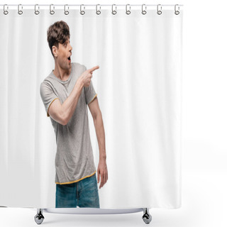 Personality  Surprised Young Man Pointing With Finger And Looking Away Isolated On White Shower Curtains