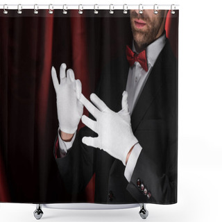 Personality  Cropped View Of Magician Taking Off White Gloves In Circus With Red Curtains Shower Curtains