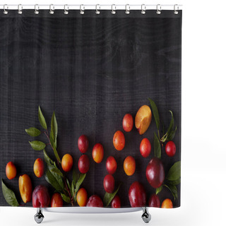 Personality  Summer Set Of Berries Situated At Bottom Of Picture, Lying Chaotically With Tiny Green Branches Over Wooden Black Background, Bright Ripe Cherry Plums Made Pattern. Flat Lay, Top View. Food Concept. Shower Curtains