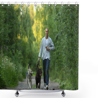 Personality  A Man With Two Dogs Walking On A Sunny Meadow Shower Curtains