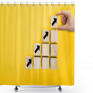 Personality  Top View Of Man Holding Cube With Directional Arrow Isolated On Yellow, Quality Concept  Shower Curtains