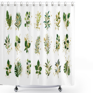 Personality  Gold Green Tropical Leaves Wedding Bouquet With Golden Splatters Isolated On White Background. Floral Foliage Vector Illustration Arrangement In Watercolor Style. Botanical Art Design Shower Curtains