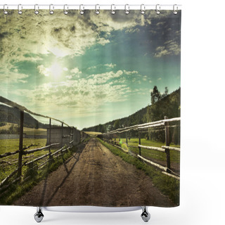 Personality  Beautiful View Of The Sunset In A Field On A Rural Road Shower Curtains