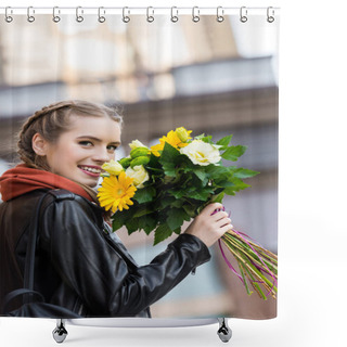 Personality  Happy Woman With Bouquet Of Flowers Shower Curtains