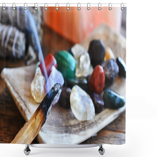 Personality  A Close Up Image Of A Burning Incense Stick And Healing Crystals.  Shower Curtains