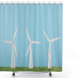 Personality  White Windmill Models On Grass And Blue Background    Shower Curtains