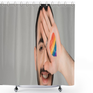 Personality  Cheerful Homosexual Man Covering Face With Lgbt Flag On Hand Isolated On Grey, Banner  Shower Curtains