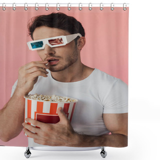 Personality  Curious Muscular Man In 3d Glasses Eating Popcorn Isolated On Pink Shower Curtains