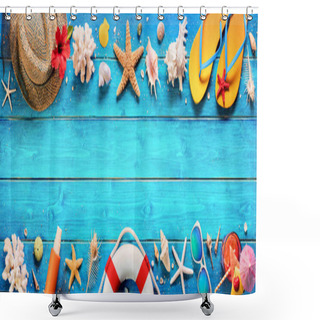 Personality  Beach Accessories On Blue Plank - Summer Holiday Banner Shower Curtains