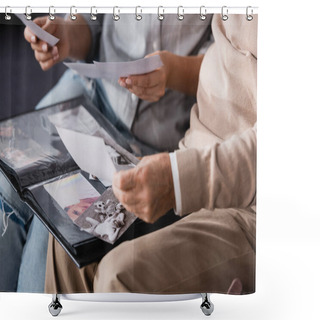 Personality  Cropped View Of Aged Father And Adult Daughter Looking At Family Photos Together On Blurred Background Shower Curtains