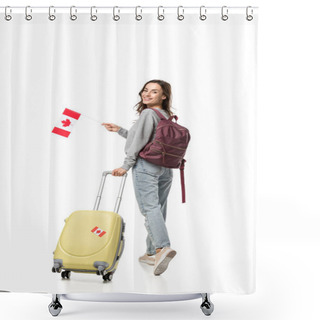 Personality  Female Student With Suitcase And Canadian Flag Looking At Camera Isolated On White, Studying Abroad Concept Shower Curtains