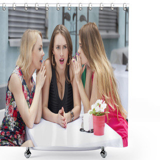 Personality  Three Beautiful Girlfriends Gossiping Woman Sitting At A Table I Shower Curtains