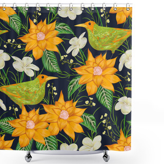 Personality  Seamless Pattern With Tropical Birds, Flowers And Leaves. Exotic Flora And Fauna. Vintage Hand Drawn Vector Illustration In Watercolor Style Shower Curtains